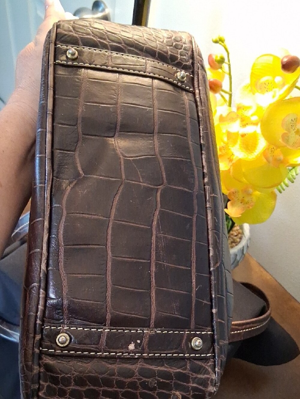 Dooney & Bourke Dark Brown Croc-Embossed Leather Tote with Gold Plaque - Picture 4 of 16